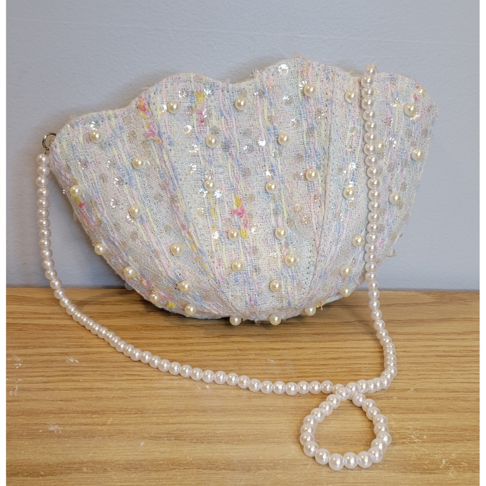 Bari Lynn Linen Pearl Seashell Crossbody Bag Pastel Tweed Mermaidcore NWT